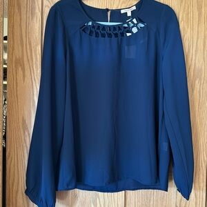 NWT - Long sleeve navy blouse with lattice detail at the neck.